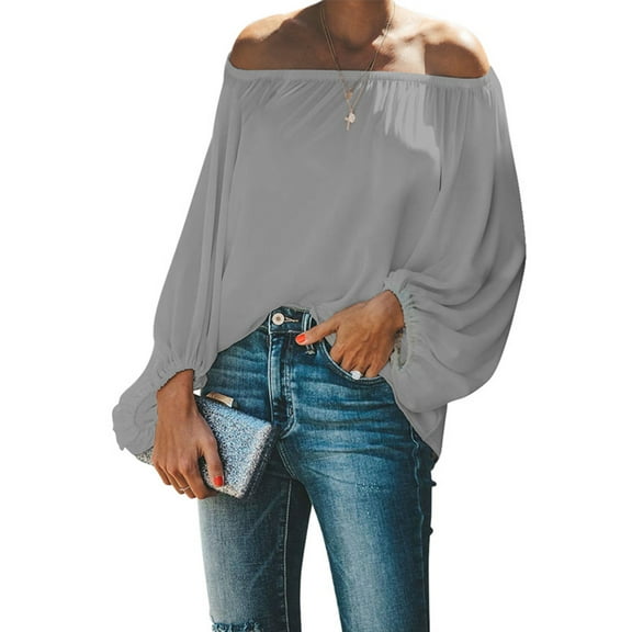 aidice Tops for Women Trendy off Shoulder Long Sleeve Loose Casual Shirts Ruched Solid Color Blouses