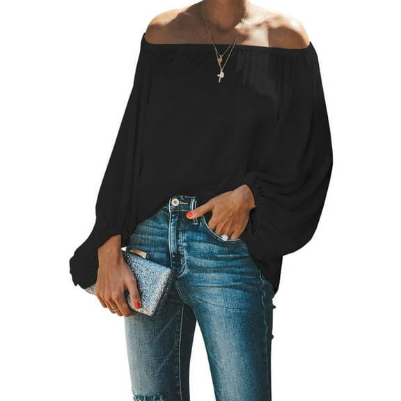 aidice Tops for Women Trendy off Shoulder Long Sleeve Loose Casual Shirts Ruched Solid Color Blouses