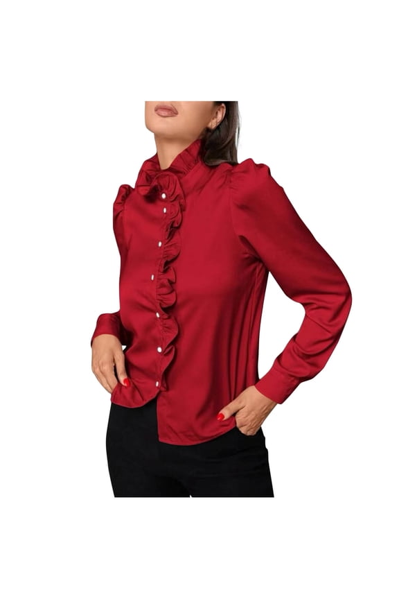 Tops for Womens Dressy Ruffle High Neck Long Sleeve Button up Office Workwear Blouses Tops