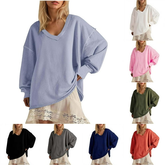 aidice V Neck Sweatshirt for Women Oversized Long Sleeve Fall Casual Loose Pullover Tops Solid Color