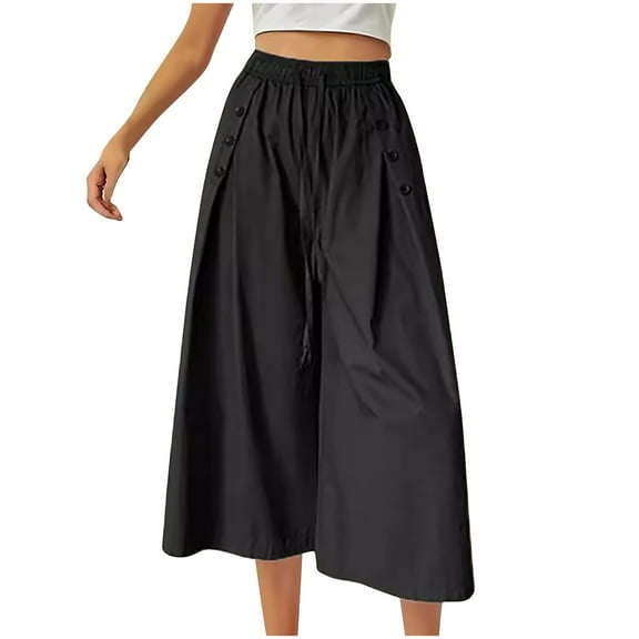 aidice Wide Leg Pants Women Plus Size Casual Button Ruched Drawstring Cropped Summer Capri Pants