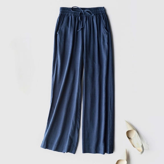 aidice Wide Leg Pants for Women Drawstring Elastic Waisted Lightweight Pants with Pockets Solid Color Casual Trousers