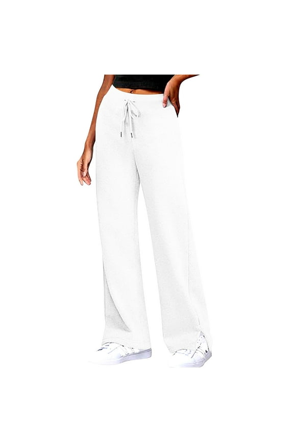 Wide Leg Pants for Women Drawstring High Waisted Loose Comfy Casual Split Sweatpants Pockets