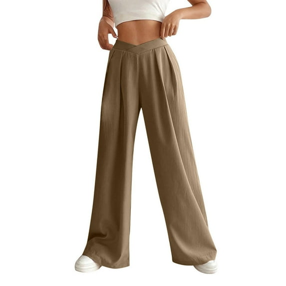 aidice Wide Leg Pants for Women High Waisted Casual Loose Ruched Crisscross Solid Color Trousers Fashion
