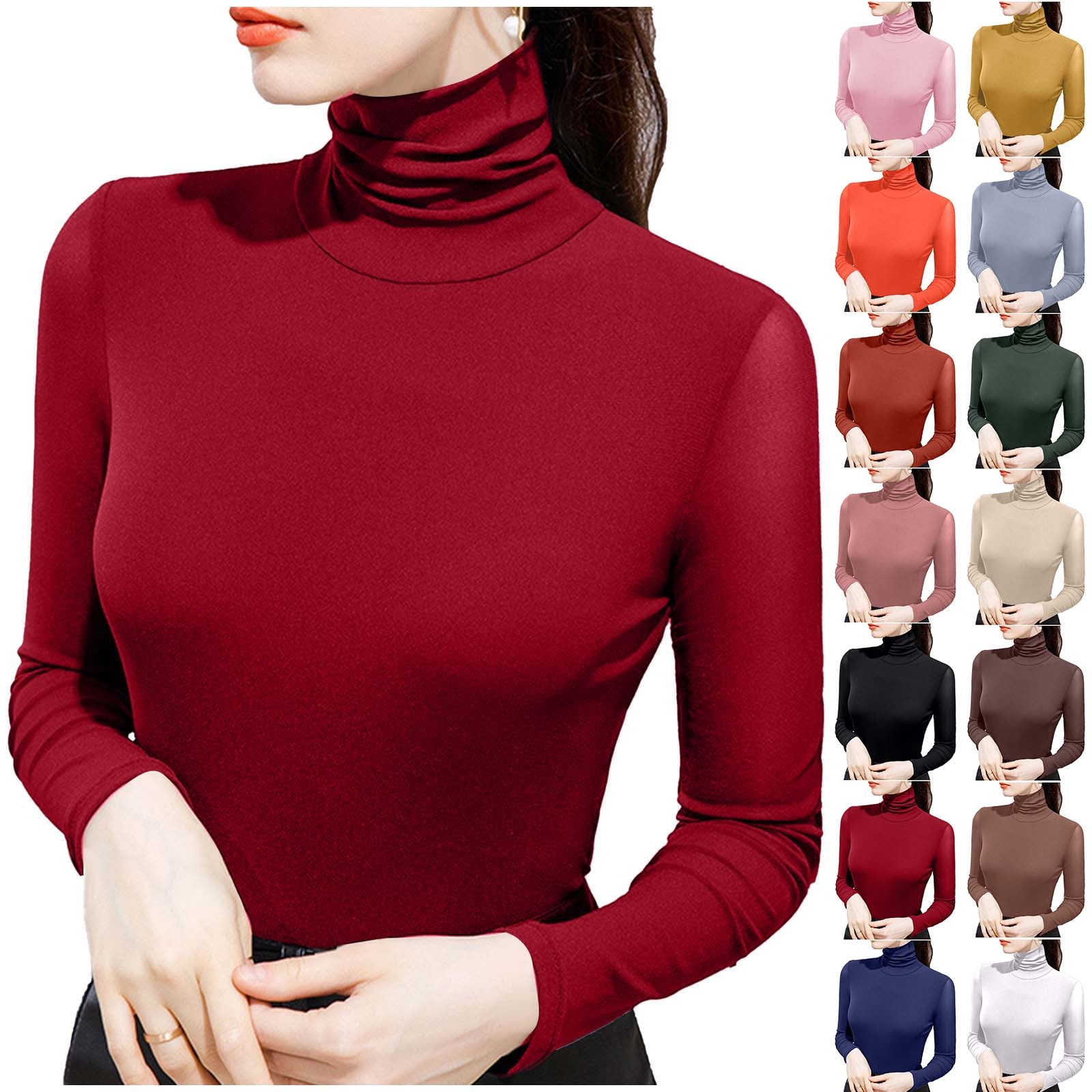 aidice Women Turtleneck Tops Mesh Long Sleeve Shirt Plain Blouse Slim ...