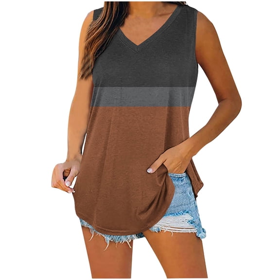 aidice Women's Cotton Tank Tops Sleeveless V Neck Tops Loose Comfy Summer Casual Daily Tanks Color Blocked