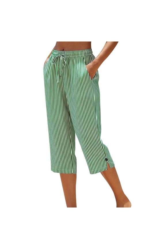 Womens Casual Capris High Waisted Breathable Straight Leg Summer Lightweight Drawstring Striped Capris With Pockets