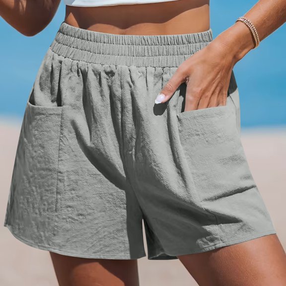 aidice Womens Cotton Linen Shorts Elastic High Waisted Lightweight Shorts Summer Casual Solid Basic Shorts with Pockets