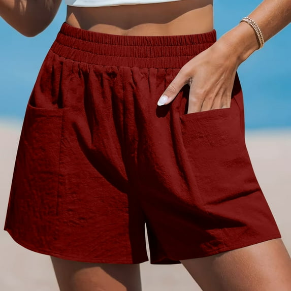 aidice Womens Cotton Linen Shorts Elastic High Waisted Lightweight Shorts Summer Casual Solid Basic Shorts with Pockets