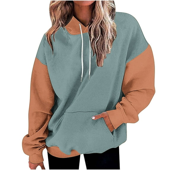 aidice Womens Hoodies Sweatshirts Drawstring Long Sleeve Color Block Oversized Tops with Kangaroo Pockets