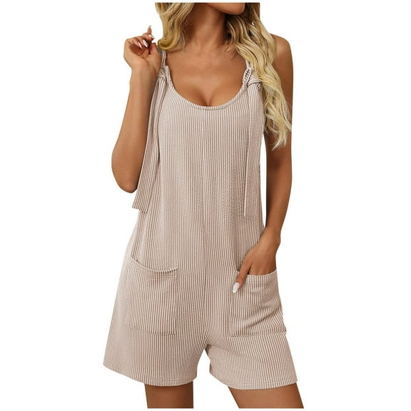 aidice Womens Jumpsuit Ribbed Scoop Neck Sleeveless Loose Casual Knot Summer Shorts Overalls Pockets