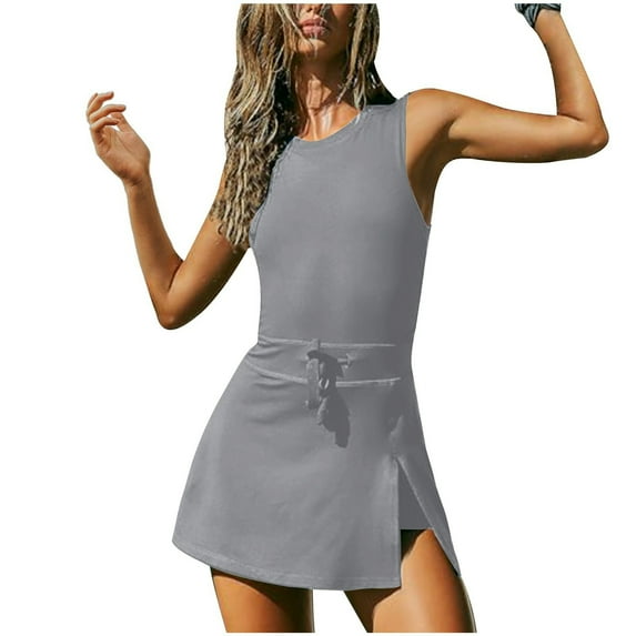 aidice Womens Jumpsuits Athletic Crewneck Sleeveless Drawstring Side Split Running Skirts Shorts Rompers