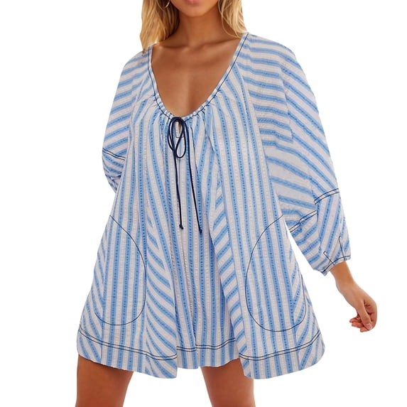aidice Womens Jumpsuits Summer Casual Lightweight Long Sleeve Drawstring Striped Loose Shorts Rompers