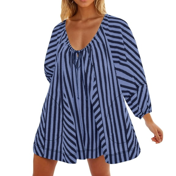 aidice Womens Jumpsuits Summer Casual Lightweight Long Sleeve Drawstring Striped Loose Shorts Rompers