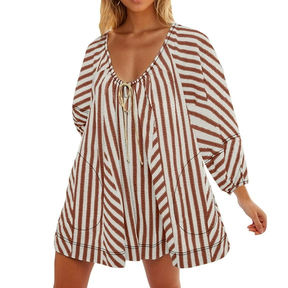 aidice Womens Jumpsuits Summer Casual Lightweight Long Sleeve Drawstring Striped Loose Shorts Rompers