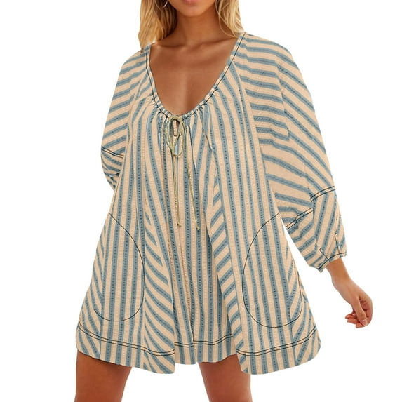 aidice Womens Jumpsuits Summer Casual Lightweight Long Sleeve Drawstring Striped Loose Shorts Rompers
