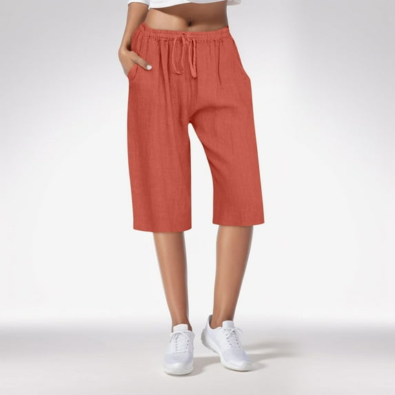 aidice Womens Linen Cotton Shorts Lightweight Regular Fitting Shorts with Pockets Summer Drawstring Elastic Waisted Shorts with Pockets
