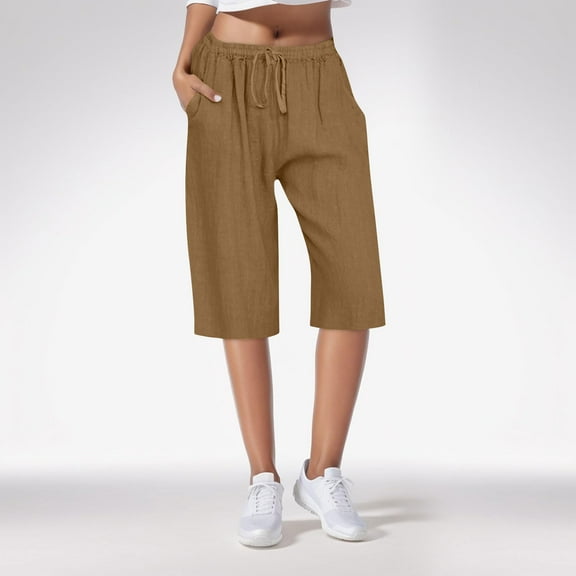 aidice Womens Linen Cotton Shorts Lightweight Regular Fitting Shorts with Pockets Summer Drawstring Elastic Waisted Shorts with Pockets