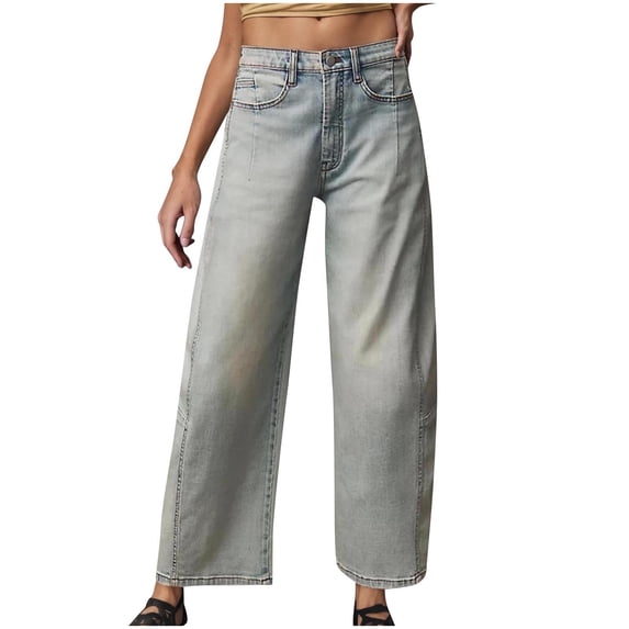 aidice Womens Pants Summer Denim Button Zip Classical Vintage Casual Straight Leg Pants with Pockets