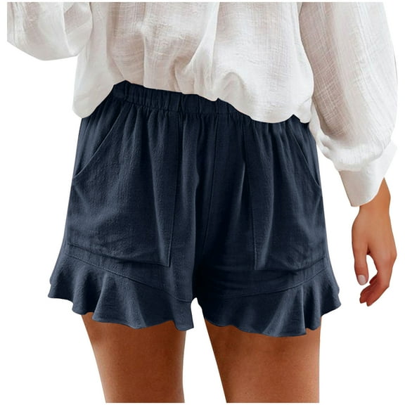 aidice Womens Plus Size Shorts Elastic Waisted Ruffled Shorts with Pockets Summer Lightweight Cotton Shorts