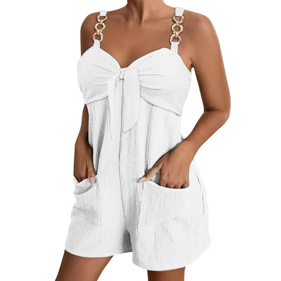 aidice Womens Rompers Summer Casual V Neck Sleeveless Fitting Knot Trendy Shorts Jumpsuits with Pockets