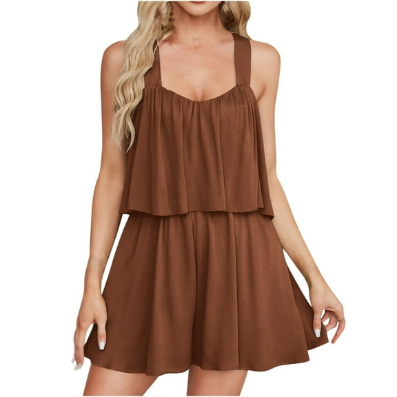 aidice Womens Rompers Summer Scoop Neck Sleeveless Elastic Waisted Ruffle Wide Leg Shorts Jumpsuits