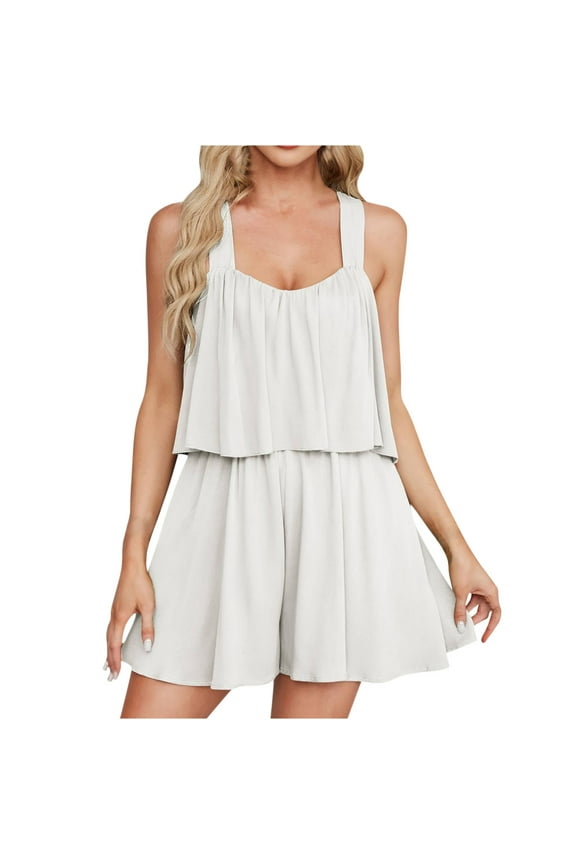Womens Rompers Summer Scoop Neck Sleeveless Elastic Waisted Ruffle Wide Leg Shorts Jumpsuits