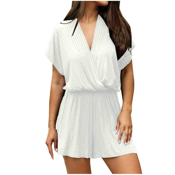 aidice Womens Rompers for Summer Ribbed V Neck Crisscross Short Sleeve Drop Shoulder Casual Jumpsuit