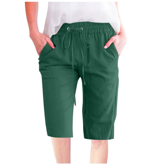 aidice Womens Shorts Cropped Lightweight Fitting Drawstring Elastic Waisted Knee Length Pants with Pockets
