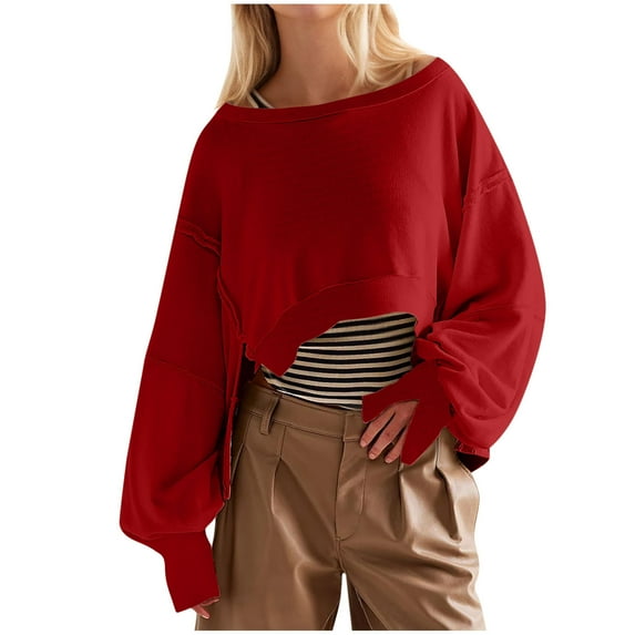aidice Womens Sweatshirts Cropped Round Neck Long Sleeve Side Split Loose Drop Shoulder Blouses Tops