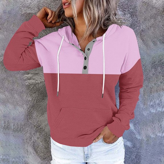 aidice Womens Sweatshirts Long Sleeve Hoodies Button Drawstring Pullover Tops Color Block Shirts with Pockets