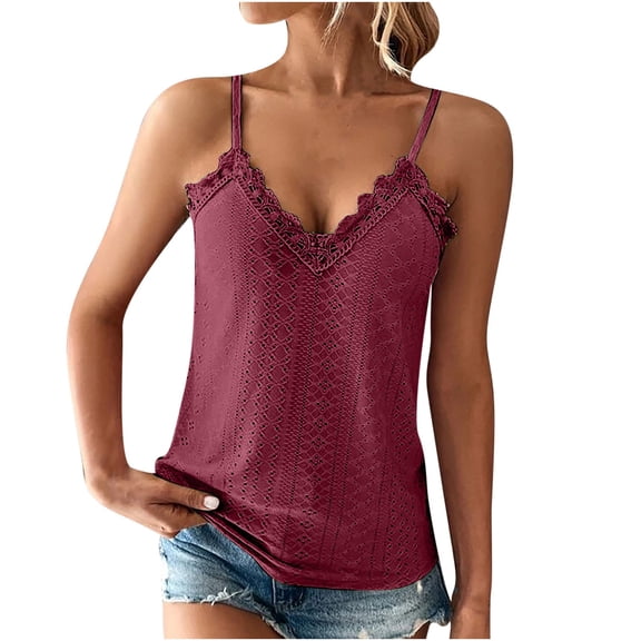 aidice Womens Tank Tops Eyelet Lace Deep V Neck Sleeveless Loose Spaghetti Strap Comfy Casual Summer Tops