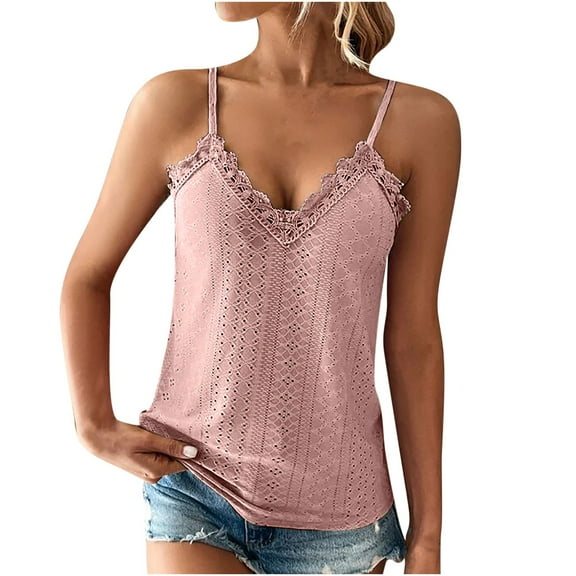 aidice Womens Tank Tops Eyelet Lace Deep V Neck Sleeveless Loose Spaghetti Strap Comfy Casual Summer Tops