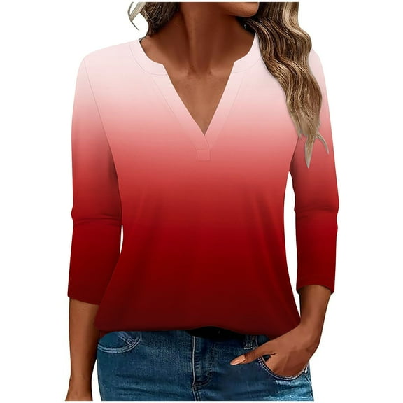 aidice Womens Tops Casual 3/4 Length Sleeve Notched V Neck Comfy Fitting Gradient Color Tee Shirts
