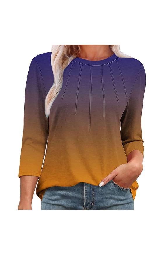 Womens Tops Casual 3/4 Sleeve Round Neck Ruched Shirts Comfy Fitting Gradient Color Tee Shirts