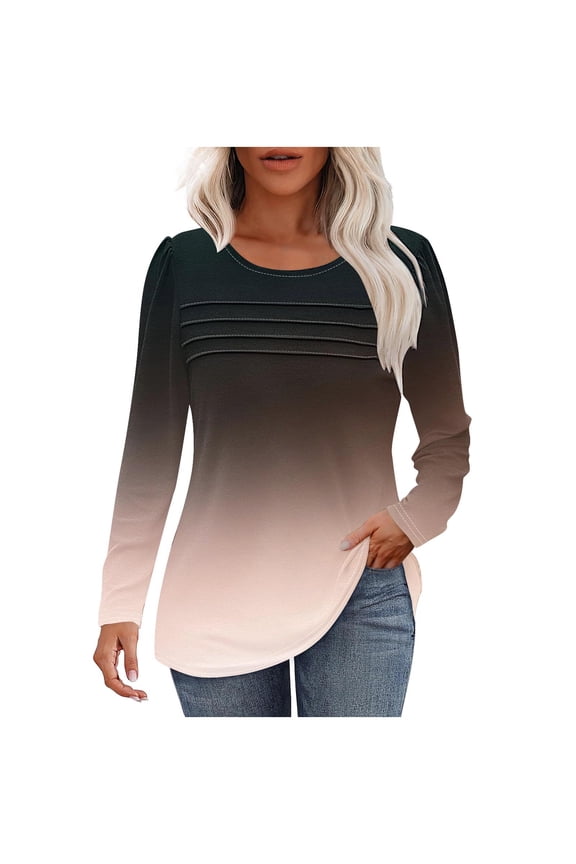 Womens Tops Casual Long Sleeve Round Neck Comfy Fitting Shirts Ruched Gradient Color Blouses