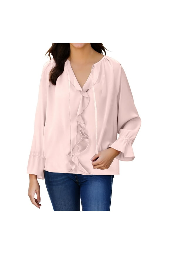 Womens Tops Casual Notched V Neck Long Raglan Sleeve Drawstring Ruffle Loose Ruched Tee Shirts