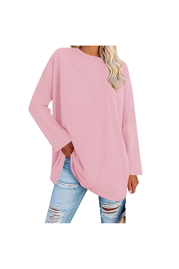 Womens Tops Casual Round Neck Long Sleeve Loose Comfy Shirts Drop Shoulder Oversize Pullover Tops