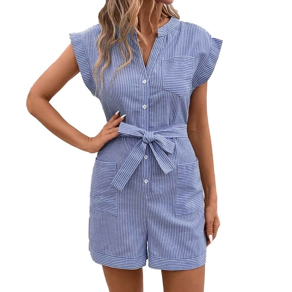 aidice Work Jumpsuits for Women Summer Notched V Neck Cap Sleeve Button up Belt Office Shorts Rompers