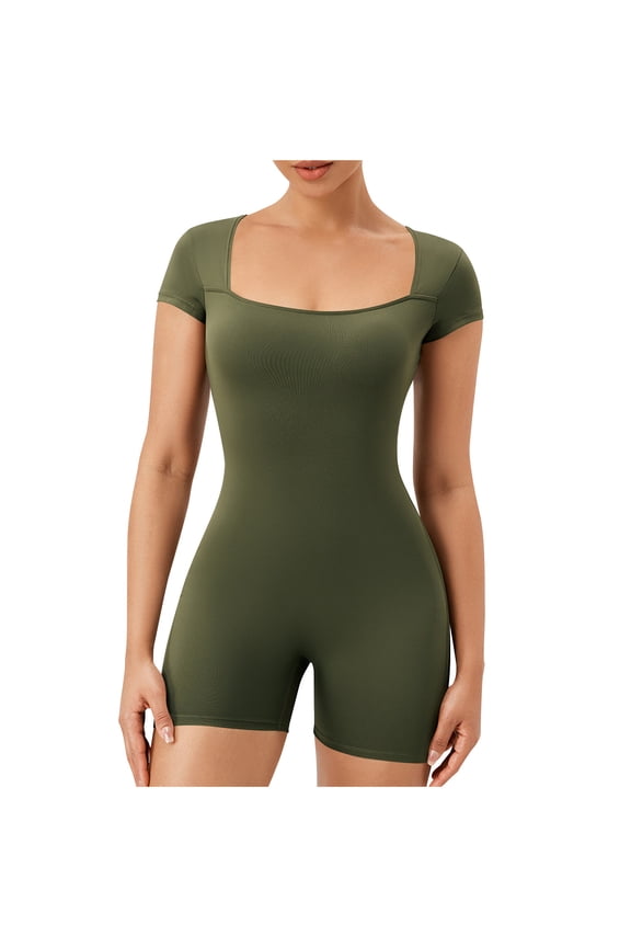 Workout Bodysuit for Women Summer Square Neck Short Sleeve Skinny Yoga Athletic Shorts Rompers