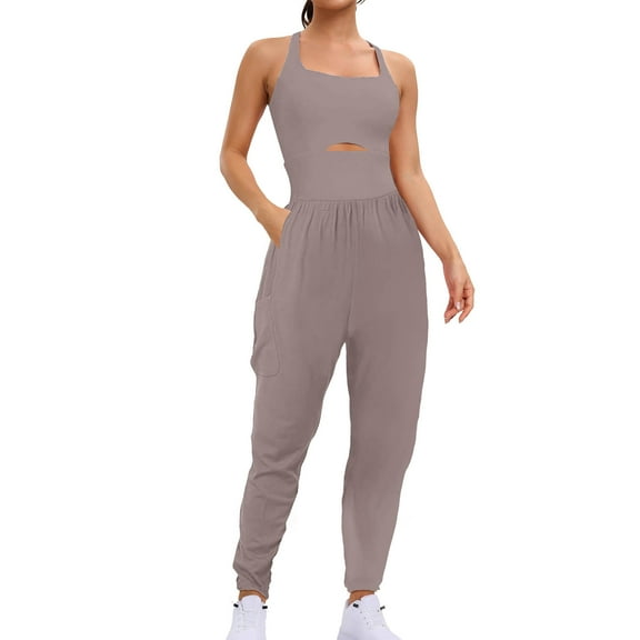 aidice Workout Romper for Women Square Neck Sleeveless Keyhole Fitting Ruched Athletic Pants Jumpsuits