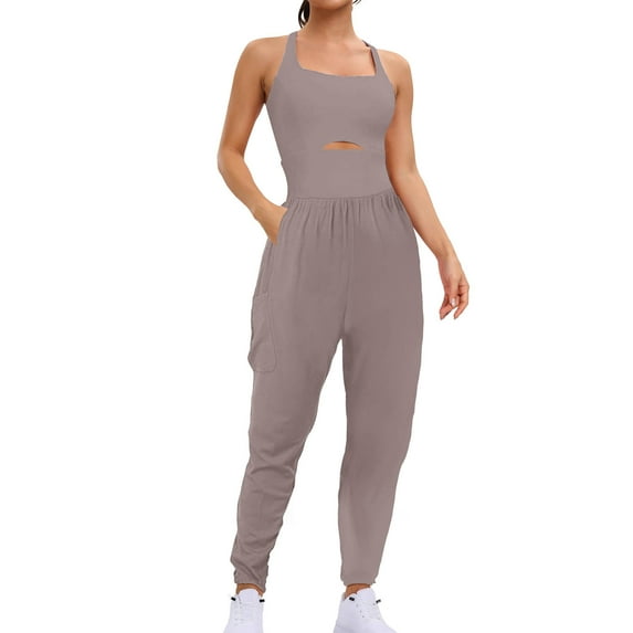 aidice Workout Romper for Women Square Neck Sleeveless Keyhole Fitting Ruched Athletic Pants Jumpsuits