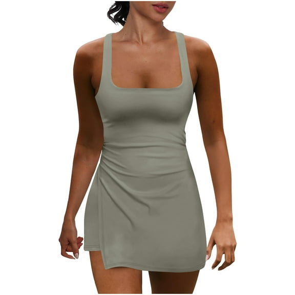 aidice Workout Rompers for Women Cutout Racerback Sleeveless Square Neck Stretch Skirted Short Jumpsuit with Pockets Activewear