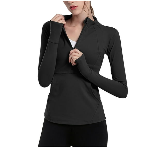 aidice Workout Tops for Women Athletic Long Sleeve Zip Crewneck Slim Fitting Yoga Gym Pullover Tops