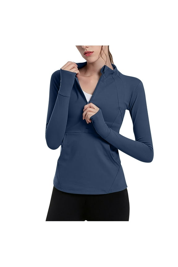 Workout Tops for Women Athletic Long Sleeve Zip Crewneck Slim Fitting Yoga Gym Pullover Tops