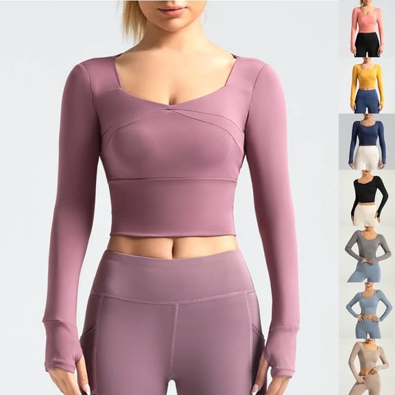 aidice Workout Tops for Women Cropped Square Neck Lightweight Long Sleeve Thumb Hole Activewear Athletic Shirt