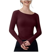 aidice Workout Tops for Women Round Neck Long Sleeve Side Ruched Slim Fitting Yoga Athletic Tshirts