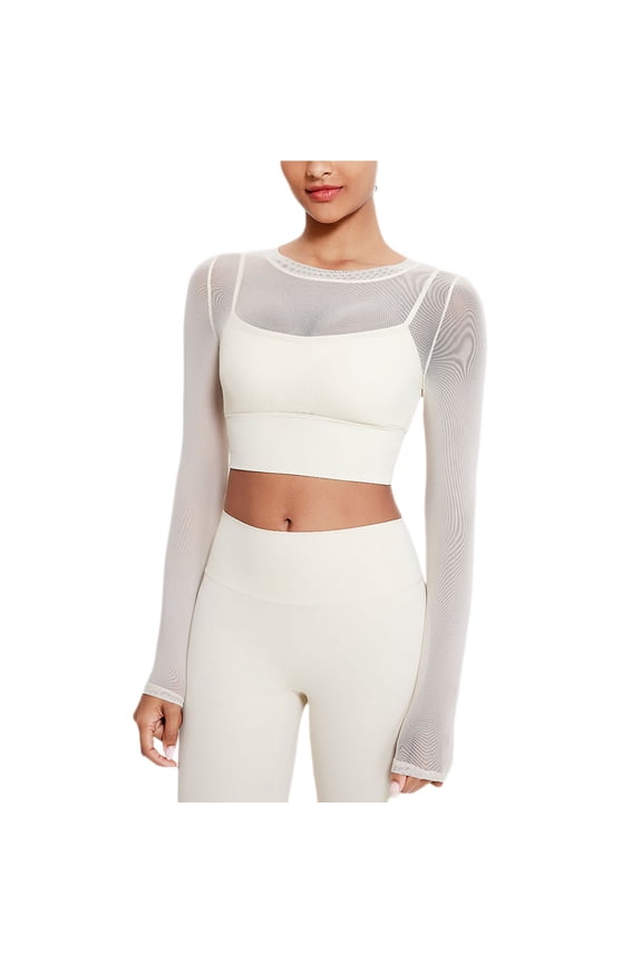 Workout Tops for Women Yoga Round Neck Long Long Sleeve Shirts Mesh Cropped Athletic Gym Tops