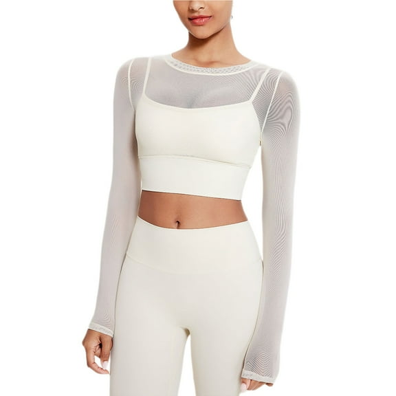 aidice Workout Tops for Women Yoga Round Neck Long Long Sleeve Shirts Mesh Cropped Athletic Gym Tops