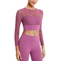 aidice Workout Tops for Women Yoga Round Neck Long Long Sleeve Shirts Mesh Cropped Athletic Gym Tops